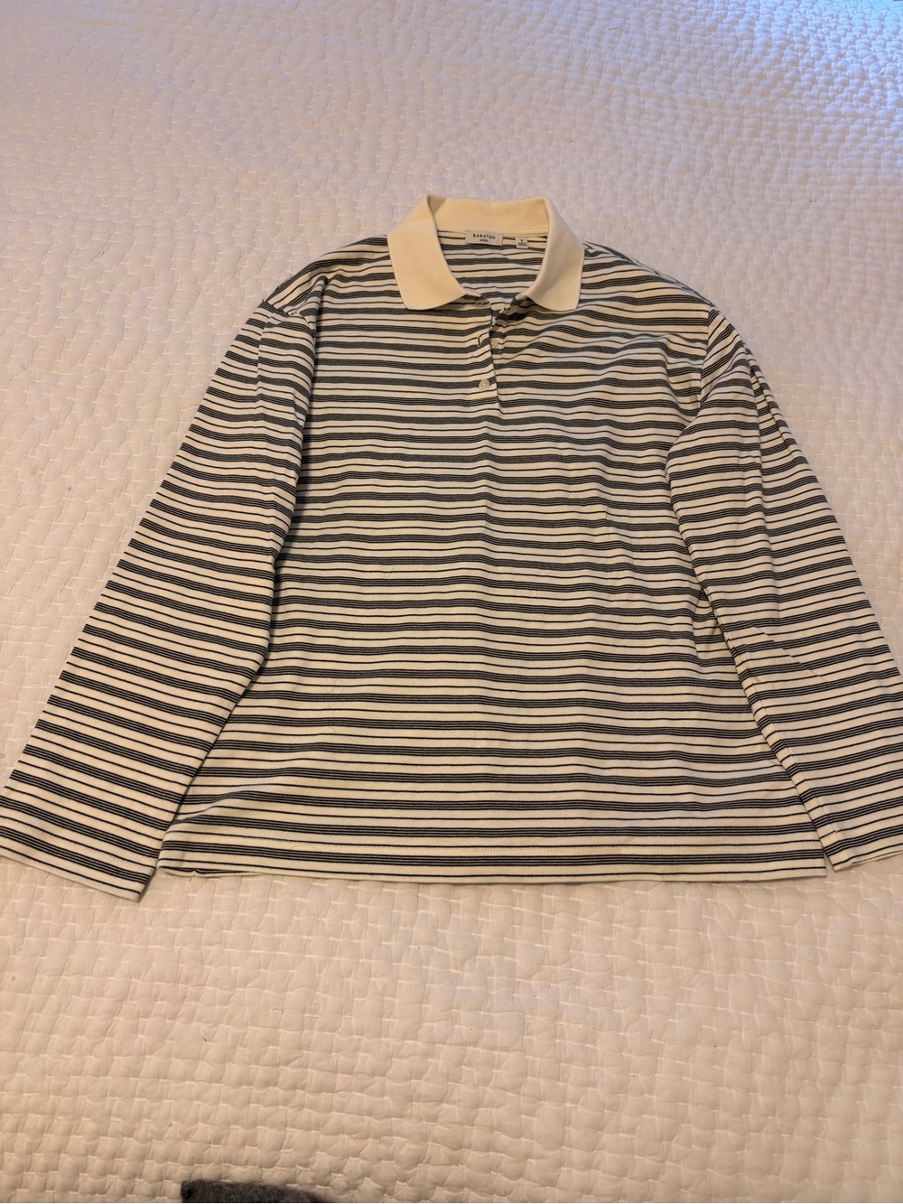 Aritzia Babaton Longsleeve Striped Cotton Polo — Light Birch & Black size small - Picture 2 of 2